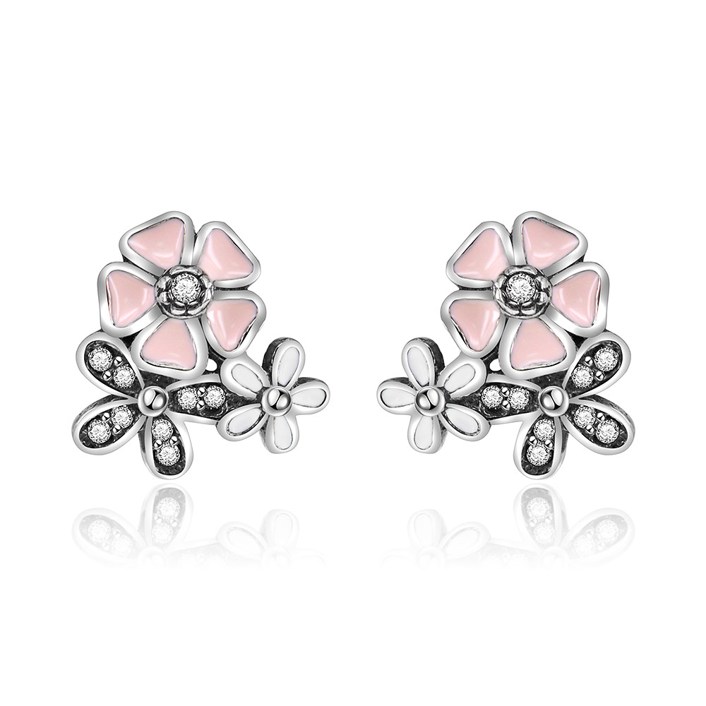Silver Flower Earrings in White and Pink Enamel